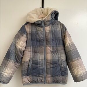 Abercrombie Kids Blue and Gray Plaid Puffer Jacket